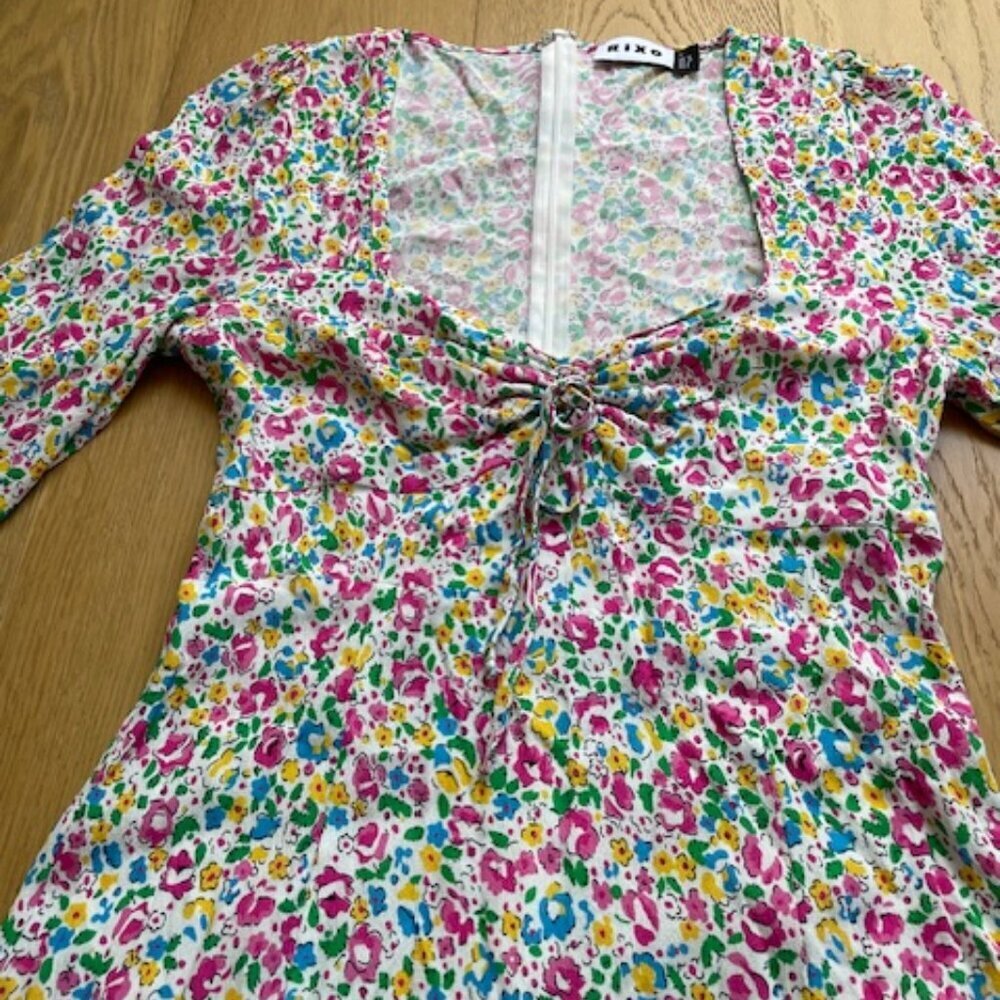 Rixo Larissa Bow Detailed Floral Print Crepe Mini Dress In Pink Size 6 - Picture 6 of 9